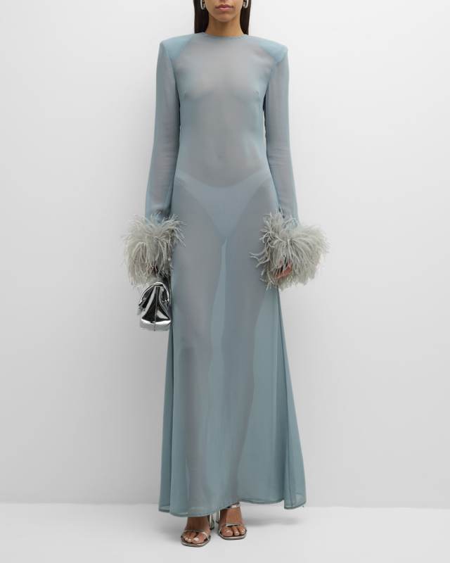 Feather-Cuff Long-Sleeve Strong-Shoulder Sheer Georgette Maxi Dress
